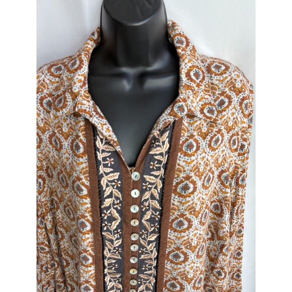 Soft Surroundings Top Button Up Boho Embellished Paisley Size XL Brown Bohemian - Picture 2 of 8
